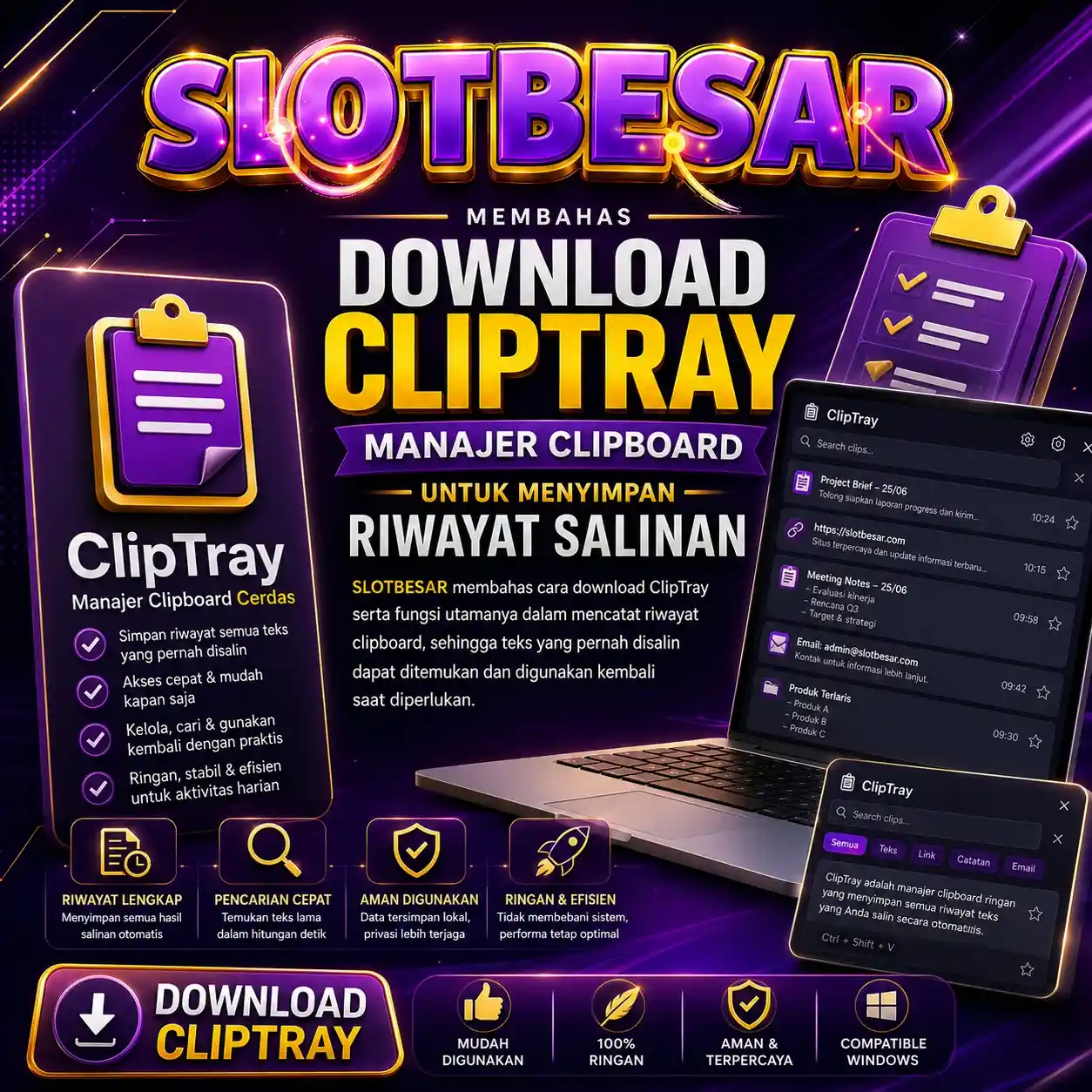 Mockup aplikasi SLOTBESAR di smartphone yang menampilkan riwayat salinan ClipTray